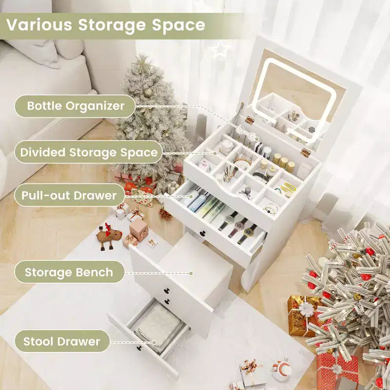Coiffeuse avec miroir LED escamotable réglable, grand rangement et roulettes mobiles