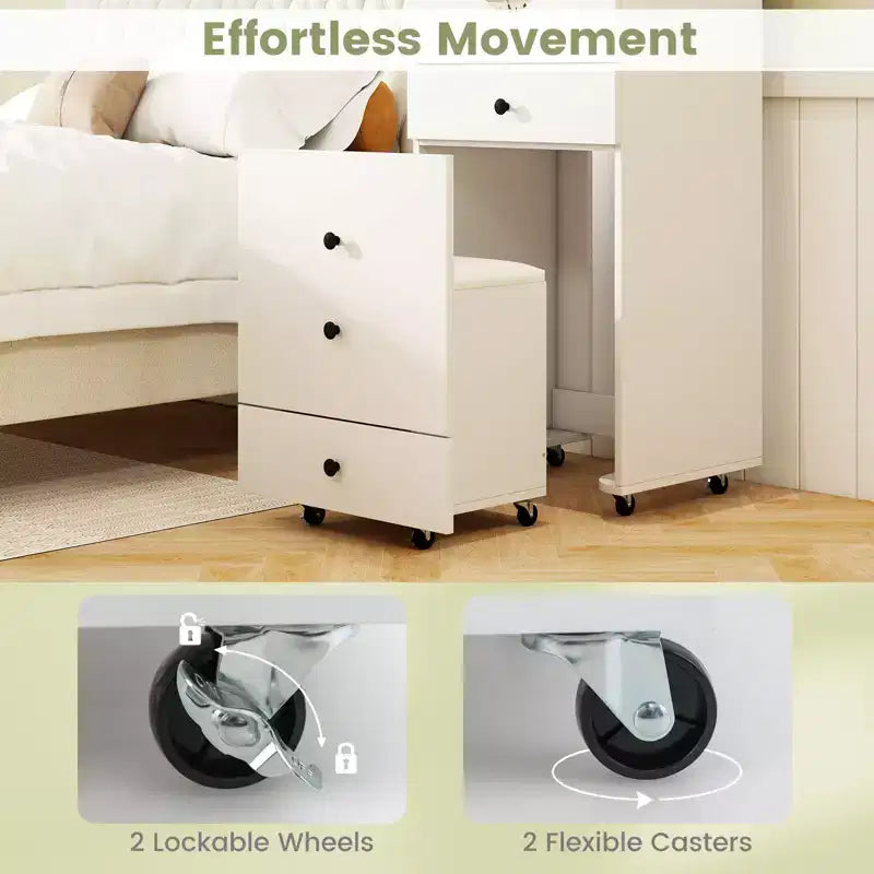 Coiffeuse avec miroir LED escamotable réglable, grand rangement et roulettes mobiles
