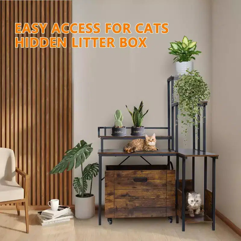 Meuble cache-litière d'angle pour chat en PVC avec support pour plantes