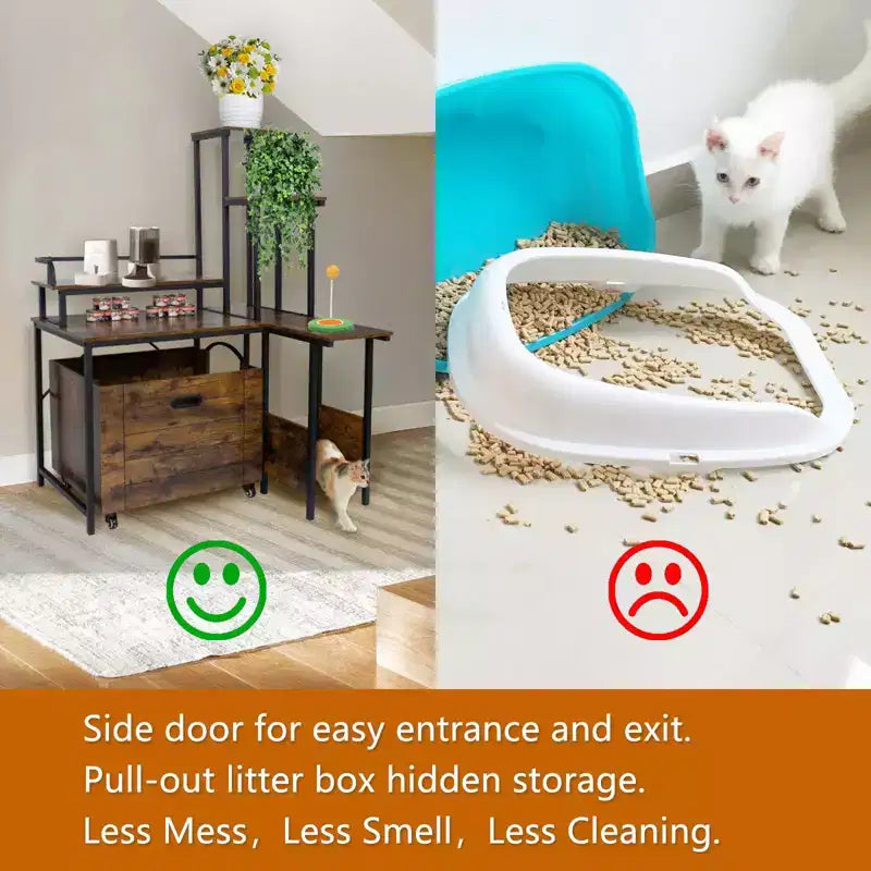 Meuble cache-litière d'angle pour chat en PVC avec support pour plantes