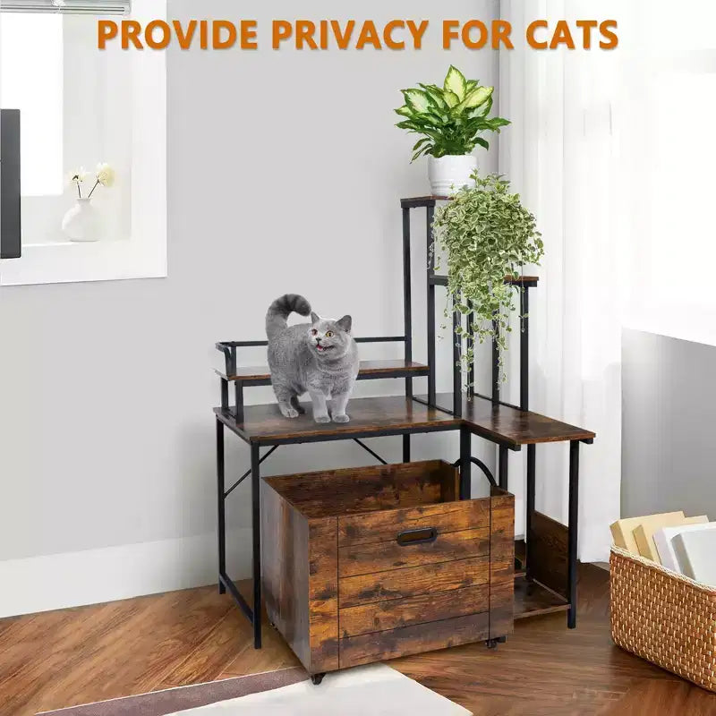 Meuble cache-litière d'angle pour chat en PVC avec support pour plantes