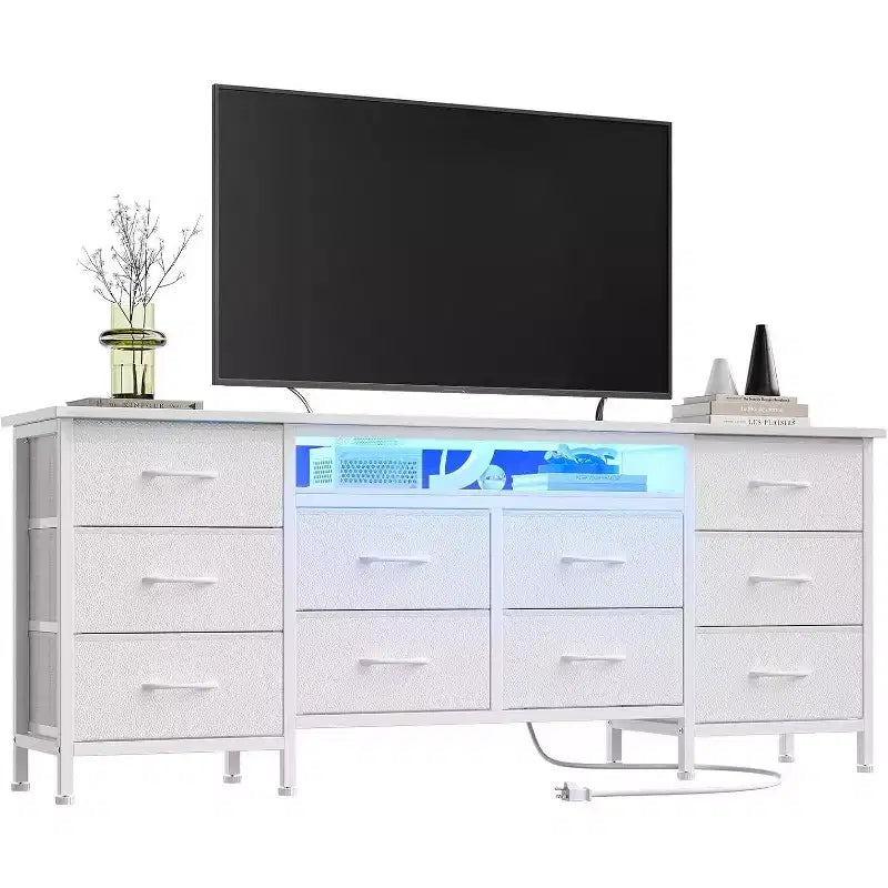 TV Stand for 65 70 75 Inch TV 10 Drawer Long Dresser with Power Outlets LED Lights 63 Inch Entertainment Center TV Stand Dresser Storage Drawers