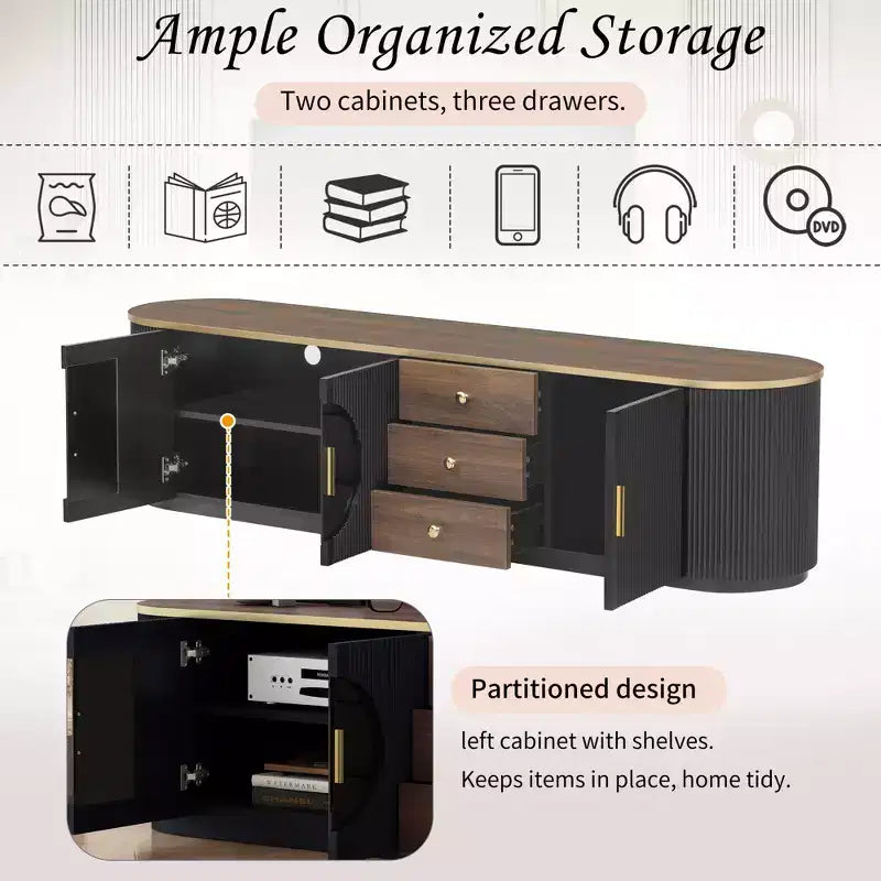 Meuble TV console moderne avec placards et poignées métalliques