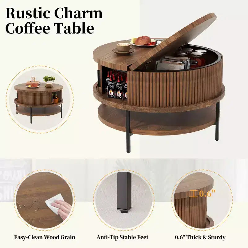 Table basse relevable ronde avec rangement intégré