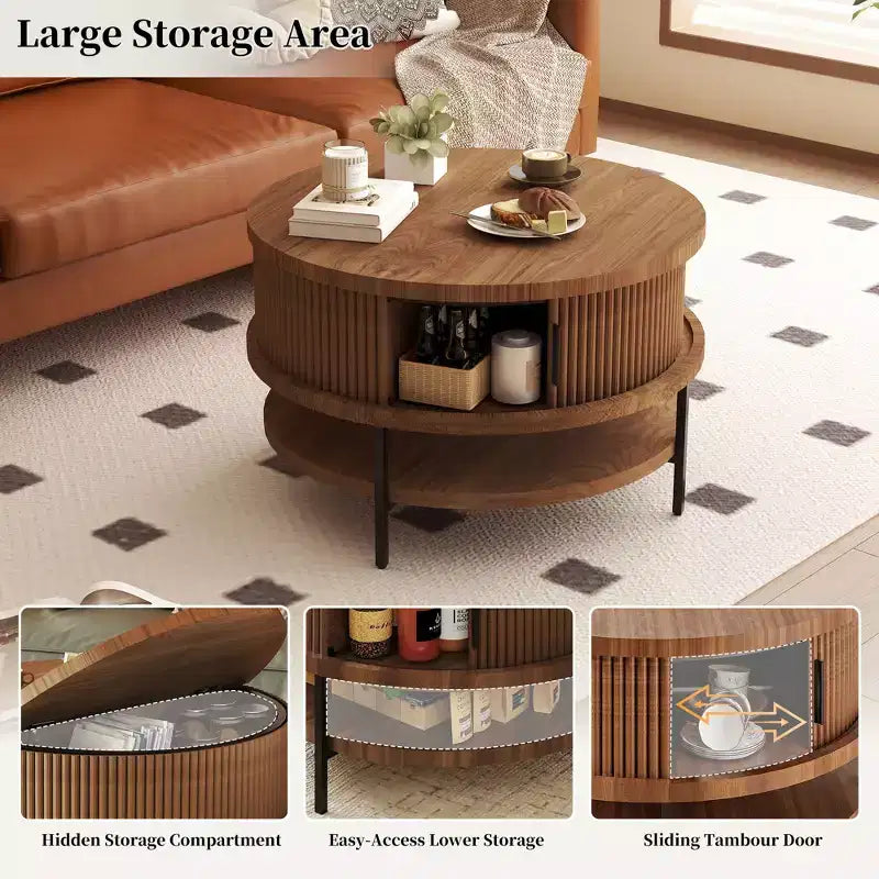 Table basse relevable ronde avec rangement intégré