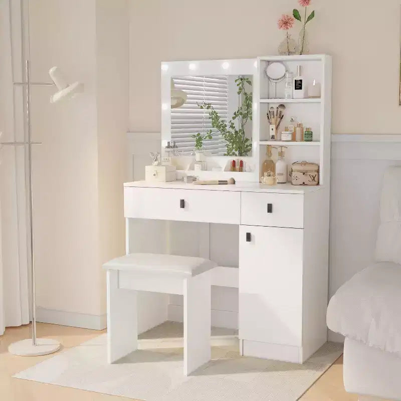 Okak Elegent Vanity Desk with 3-Mode Adjustable Mirror Makeup Vanity with Large Drawers & Three Level Shelves Vanity Table for Bedroom White