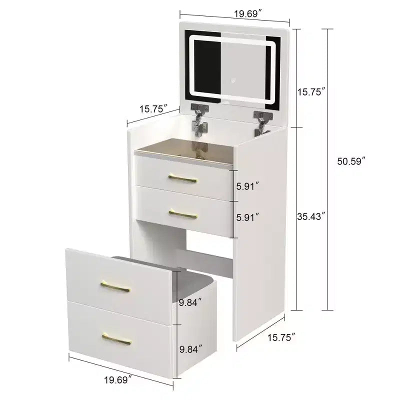 Coiffeuse avec miroir relevable Coiffeuse compacte Tabouret rembourré Coiffeuse