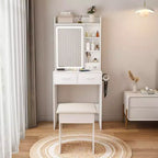Okak Compact Vanity with Adjustable Mirror Vanity Desk with Built-in Power Outlet and Padding Stool Girls Vanity for Bedroom White