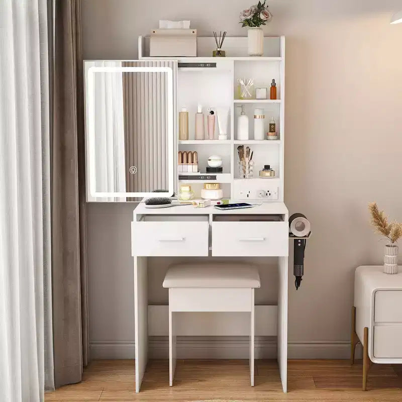 Coiffeuse compacte avec miroir réglable, avec prise électrique