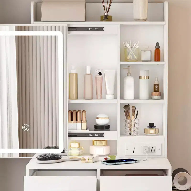Coiffeuse compacte avec miroir réglable, avec prise électrique