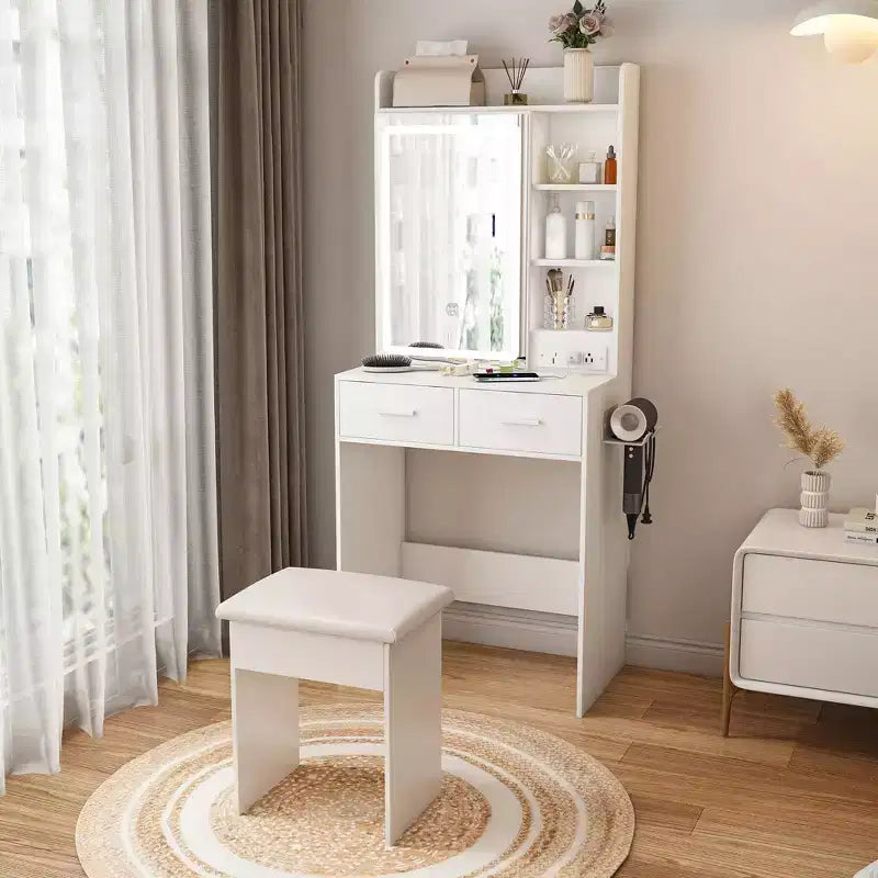 Coiffeuse compacte avec miroir réglable, avec prise électrique