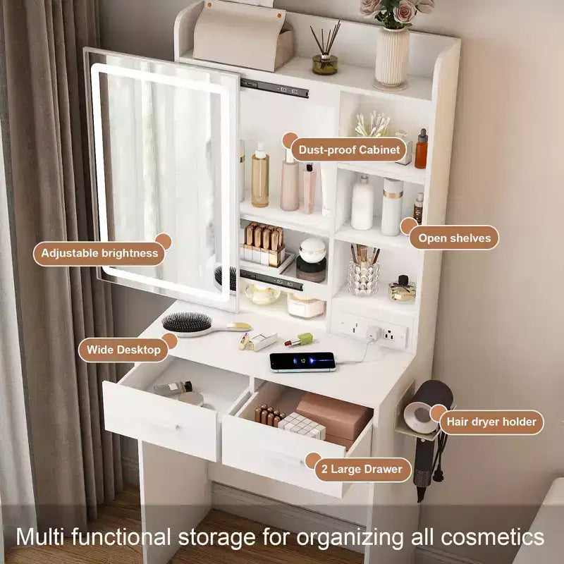Coiffeuse compacte avec miroir réglable, avec prise électrique