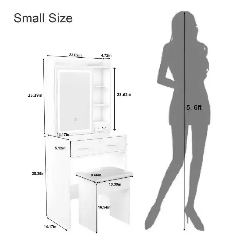 Coiffeuse compacte avec miroir réglable, avec prise électrique