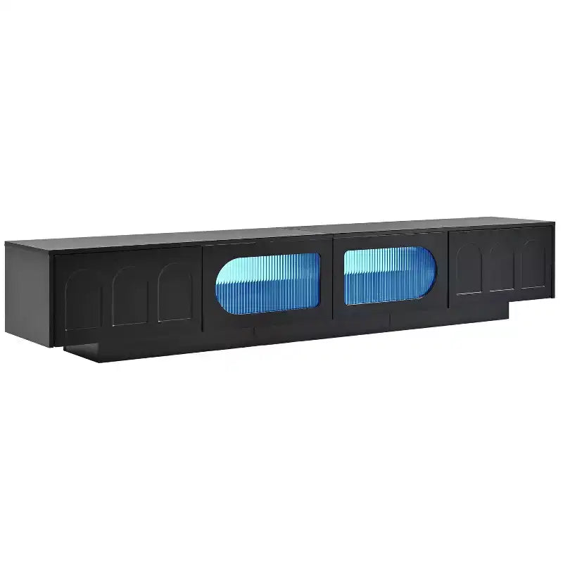 Meuble TV LED avec portes en verre, console multimédia en bois avec portes d'armoire cintrées