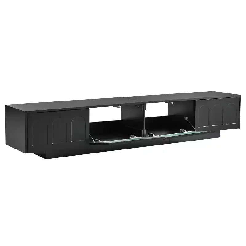 Meuble TV LED avec portes en verre, console multimédia en bois avec portes d'armoire cintrées