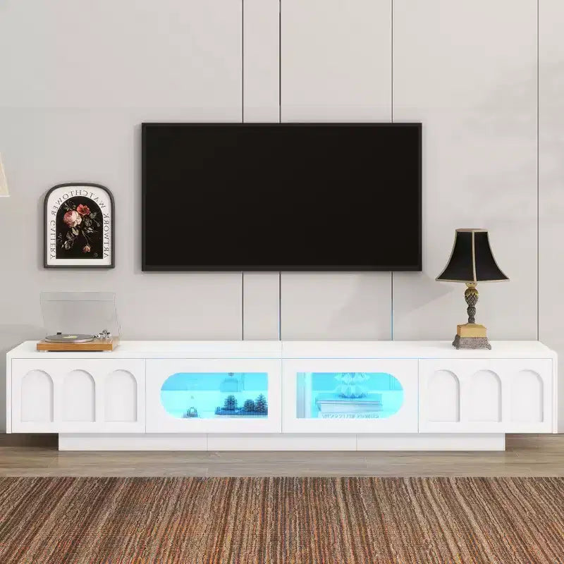 Meuble TV LED avec portes en verre, console multimédia en bois avec portes d'armoire cintrées