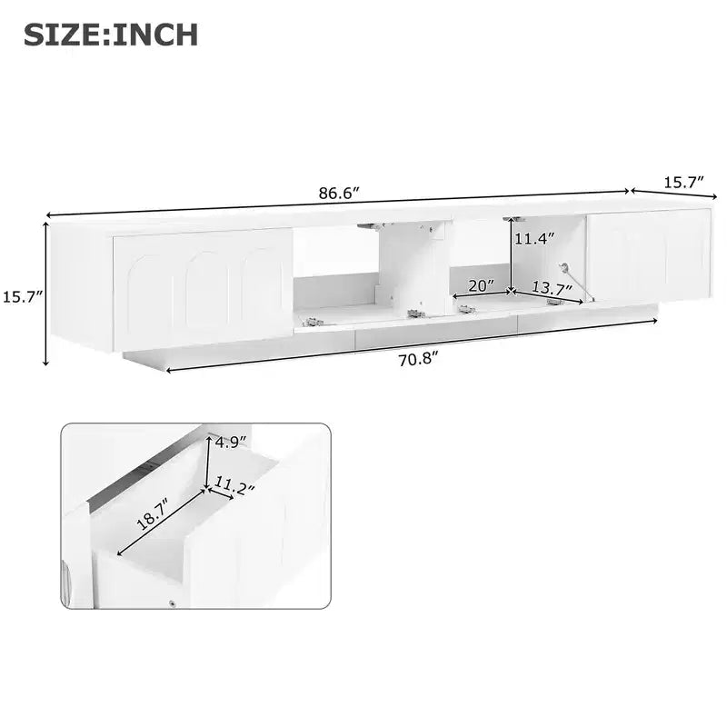 Meuble TV LED avec portes en verre, console multimédia en bois avec portes d'armoire cintrées