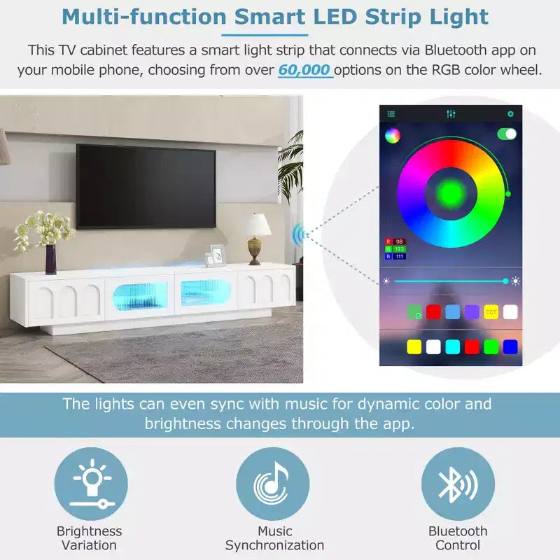 Meuble TV LED avec portes en verre, console multimédia en bois avec portes d'armoire cintrées