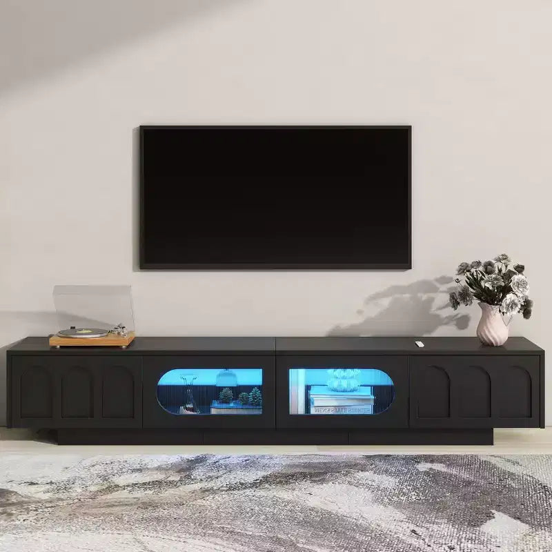 Meuble TV LED avec portes en verre, console multimédia en bois avec portes d'armoire cintrées