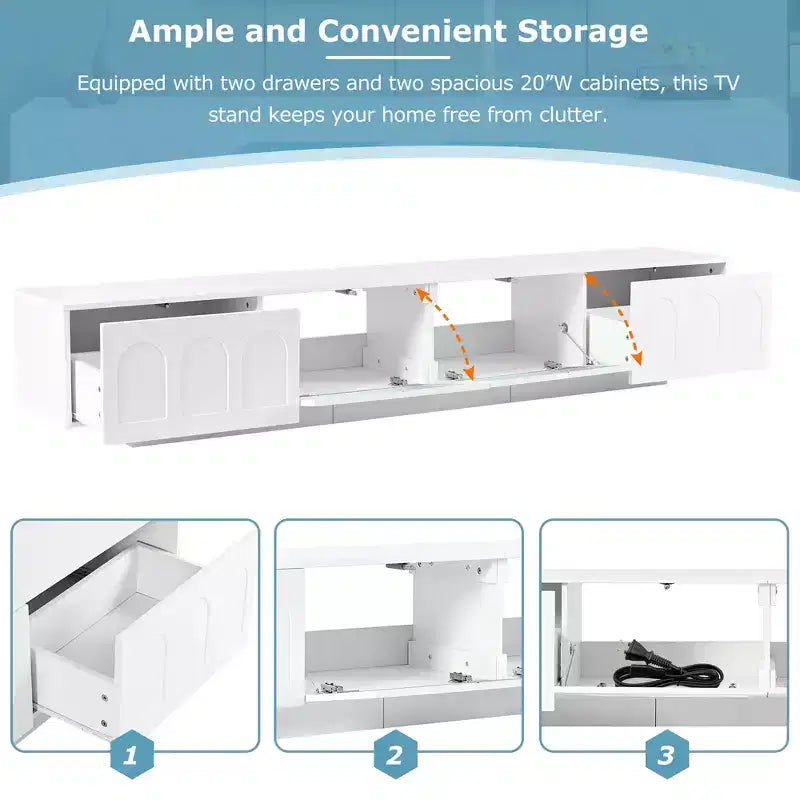 Meuble TV LED avec portes en verre, console multimédia en bois avec portes d'armoire cintrées
