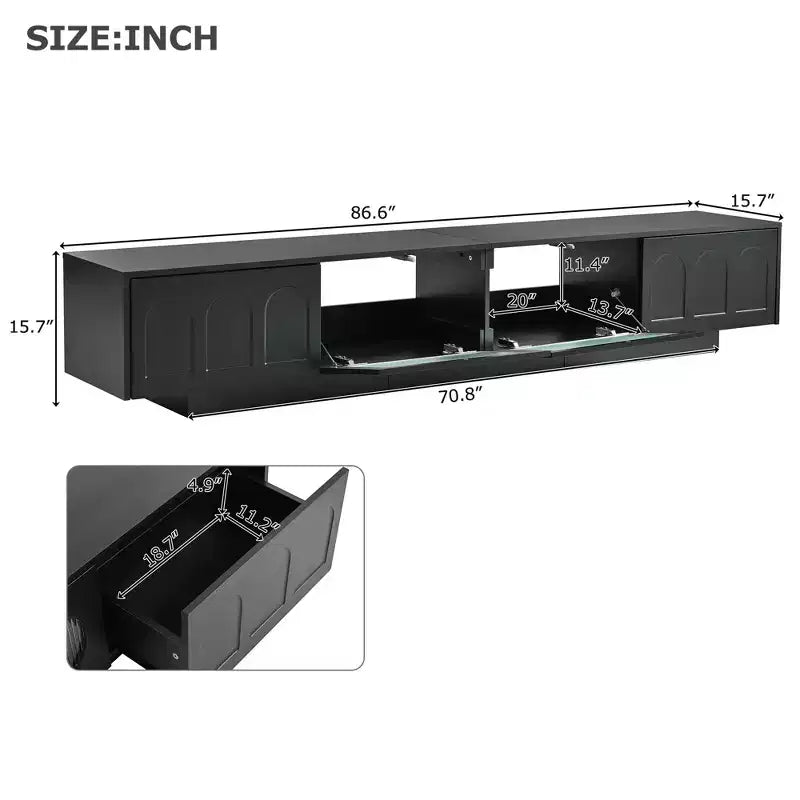 Meuble TV LED avec portes en verre, console multimédia en bois avec portes d'armoire cintrées