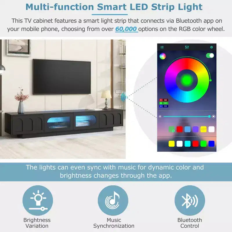 Meuble TV LED avec portes en verre, console multimédia en bois avec portes d'armoire cintrées