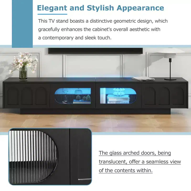 Meuble TV LED avec portes en verre, console multimédia en bois avec portes d'armoire cintrées