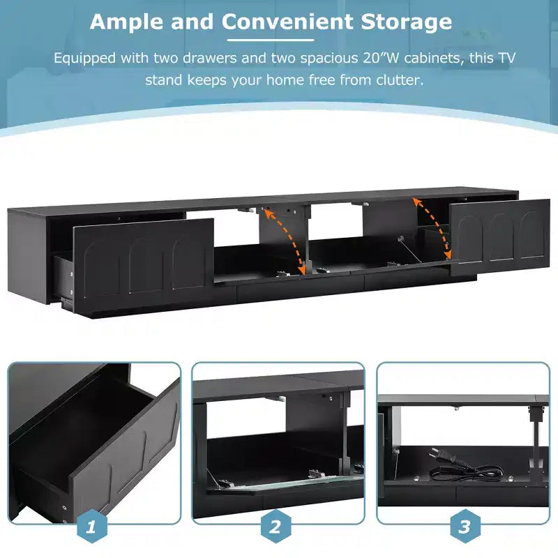 Meuble TV LED avec portes en verre, console multimédia en bois avec portes d'armoire cintrées