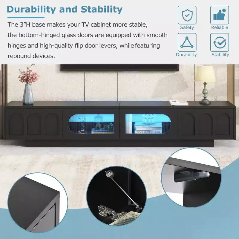 Meuble TV LED avec portes en verre, console multimédia en bois avec portes d'armoire cintrées