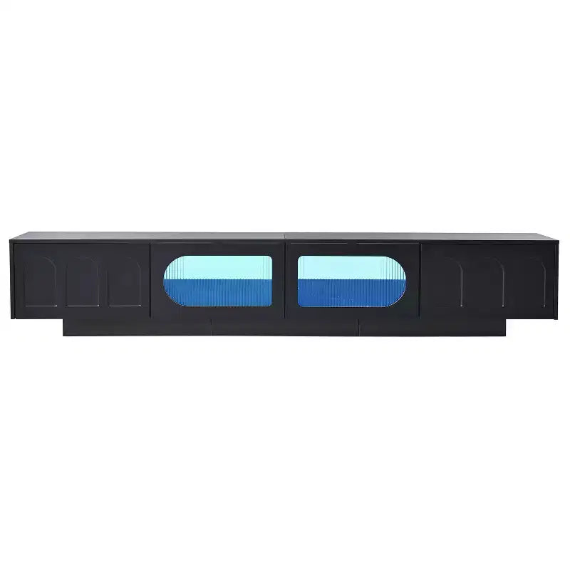 Meuble TV LED avec portes en verre, console multimédia en bois avec portes d'armoire cintrées