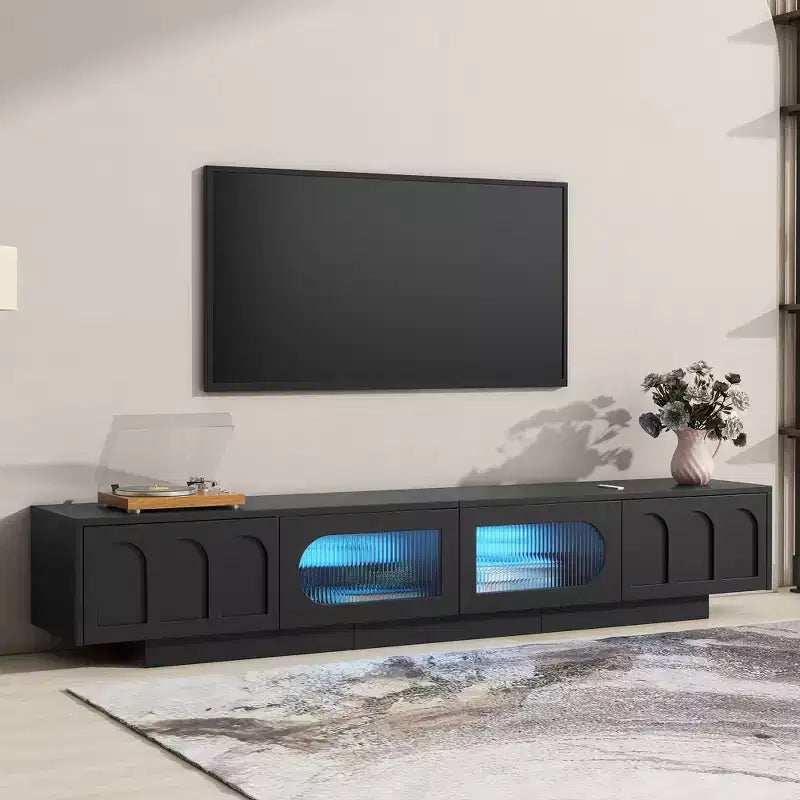 LED TV Stand with Glass Doors for 95 inch TV Wood Media Console with Arched Cabinet Doors and APP Controlled for Living Room