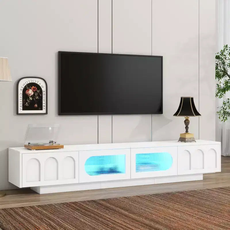Meuble TV LED avec portes en verre, console multimédia en bois avec portes d'armoire cintrées