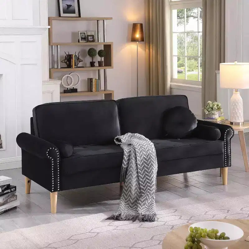 78 Black Velvet Luxurious Seater Sofa Rubber Wood Legs 2 Round Curved Armrest Tufted Button High Resilience Sponge Cushion Couch Stud Embellishments