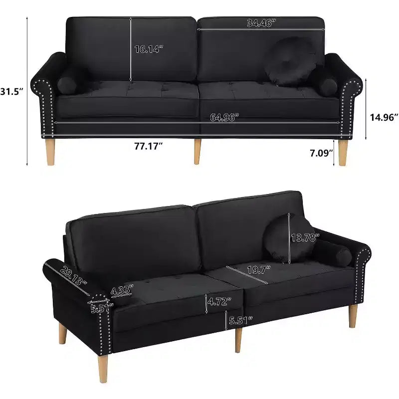 Canapé Embellissements Velours Noir Luxueux Pieds en Bois d'Hévéa