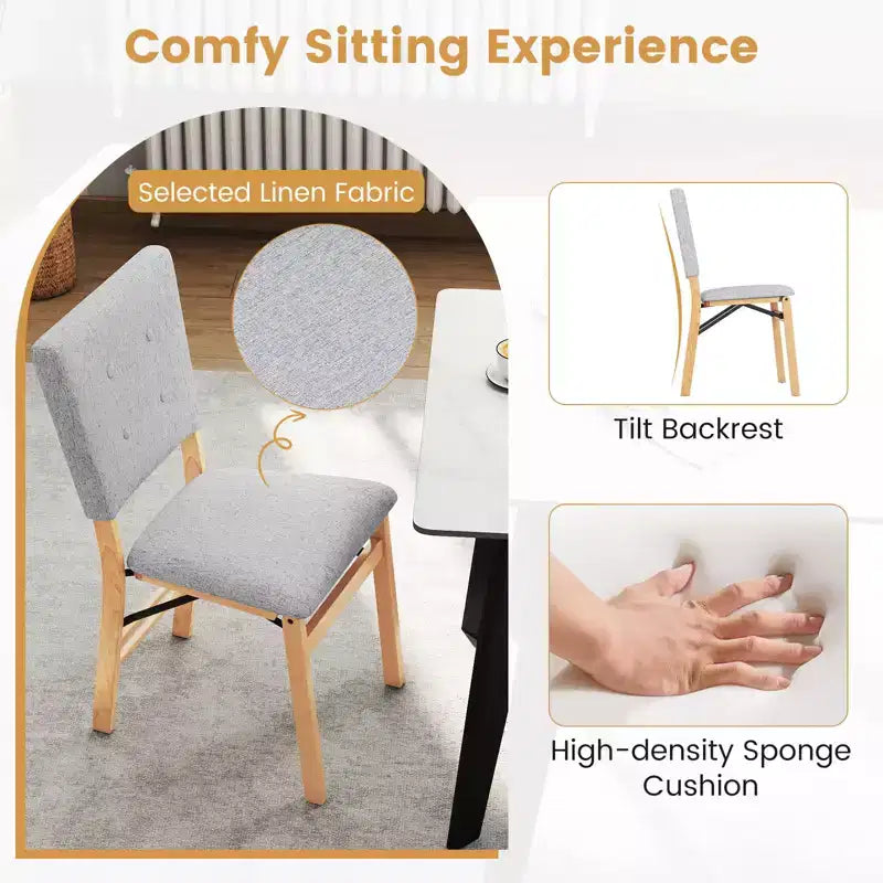 Chaise de salle à manger pliable avec assise rembourrée, dossier inclinable et pieds en bois d'hévéa