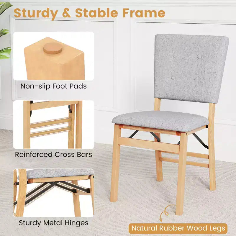 Chaise de salle à manger pliable avec assise rembourrée, dossier inclinable et pieds en bois d'hévéa