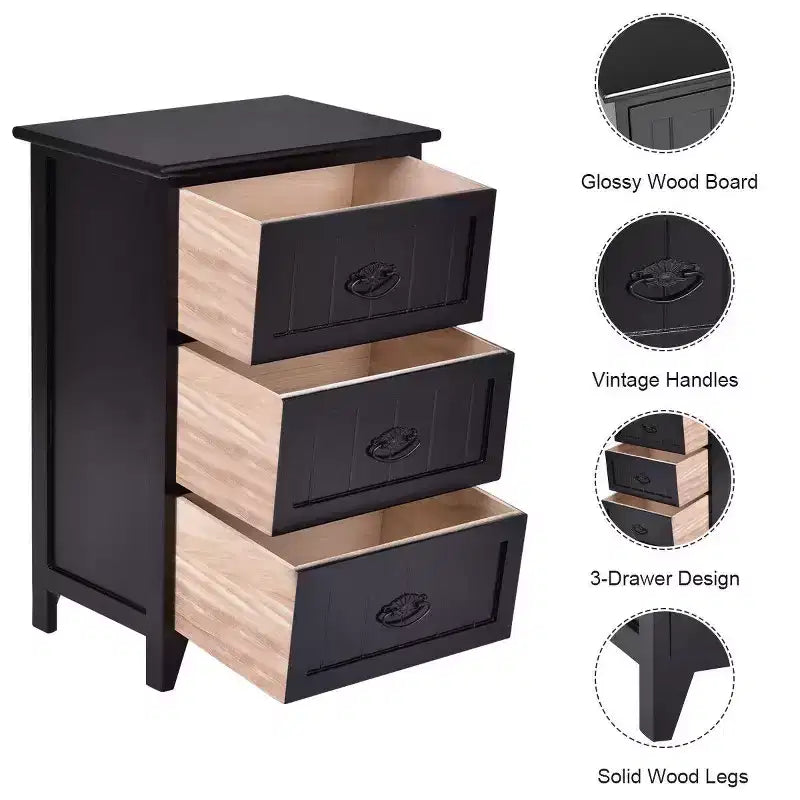 Table de chevet avec 3 tiroirs, rangement en bois, pour chambre à coucher, couleur noire