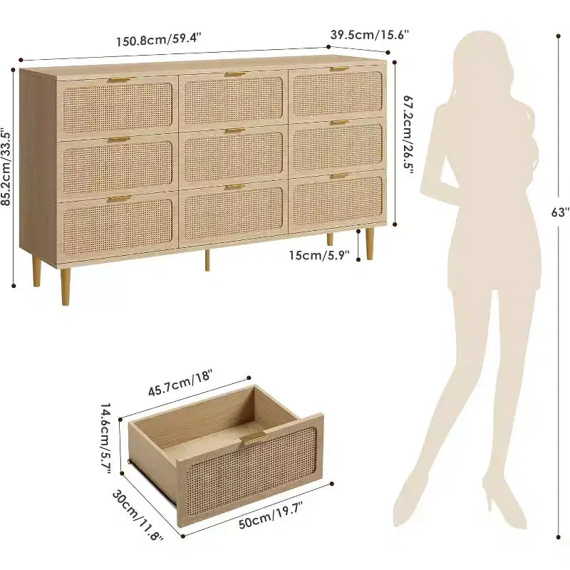 Commode haute en rotin à 9 tiroirs – Meuble de rangement moderne en bois avec tiroirs profonds