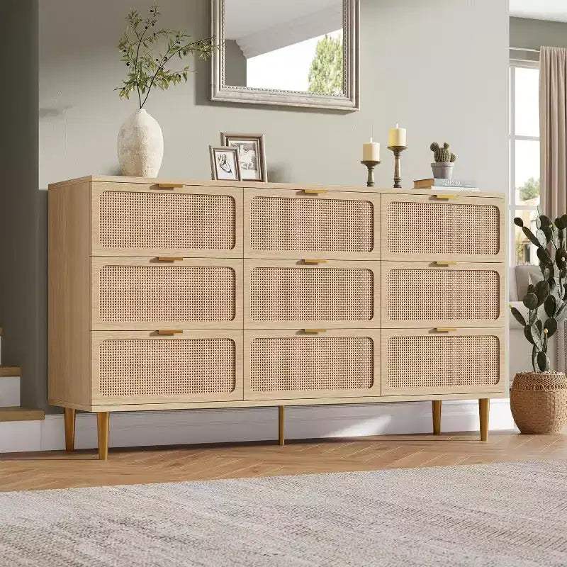 Commode haute en rotin à 9 tiroirs – Meuble de rangement moderne en bois avec tiroirs profonds