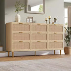Commode haute en rotin à 9 tiroirs – Meuble de rangement moderne en bois avec tiroirs profonds