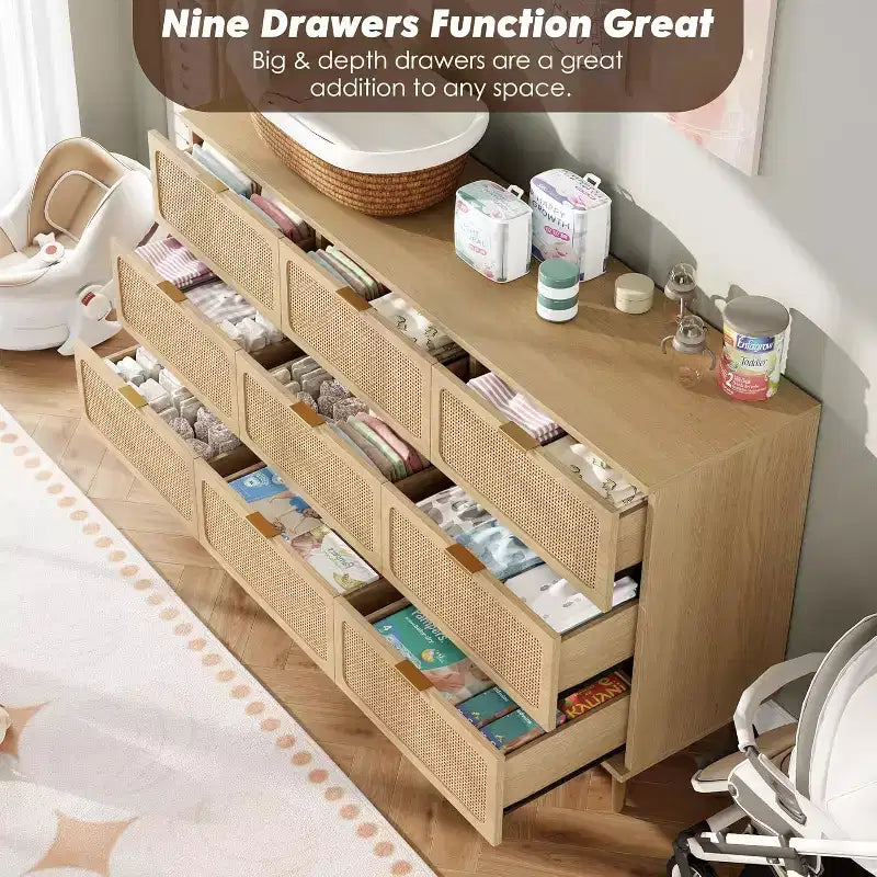 Commode haute en rotin à 9 tiroirs – Meuble de rangement moderne en bois avec tiroirs profonds