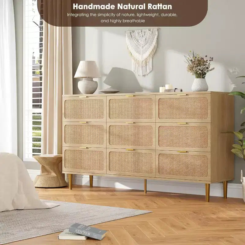 Commode haute en rotin à 9 tiroirs – Meuble de rangement moderne en bois avec tiroirs profonds