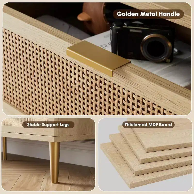 Commode haute en rotin à 9 tiroirs – Meuble de rangement moderne en bois avec tiroirs profonds