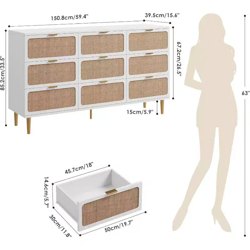 Commode haute en rotin à 9 tiroirs – Meuble de rangement moderne en bois avec tiroirs profonds