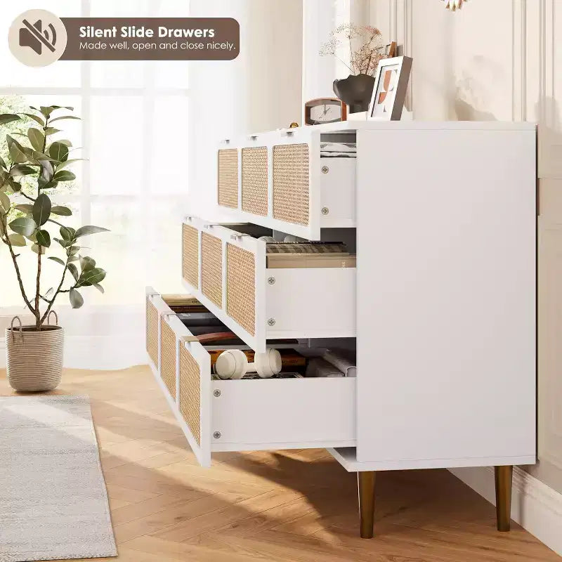 Commode haute en rotin à 9 tiroirs – Meuble de rangement moderne en bois avec tiroirs profonds
