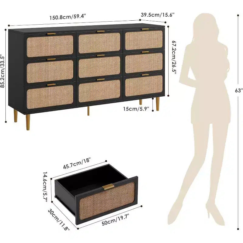 Commode haute en rotin à 9 tiroirs – Meuble de rangement moderne en bois avec tiroirs profonds