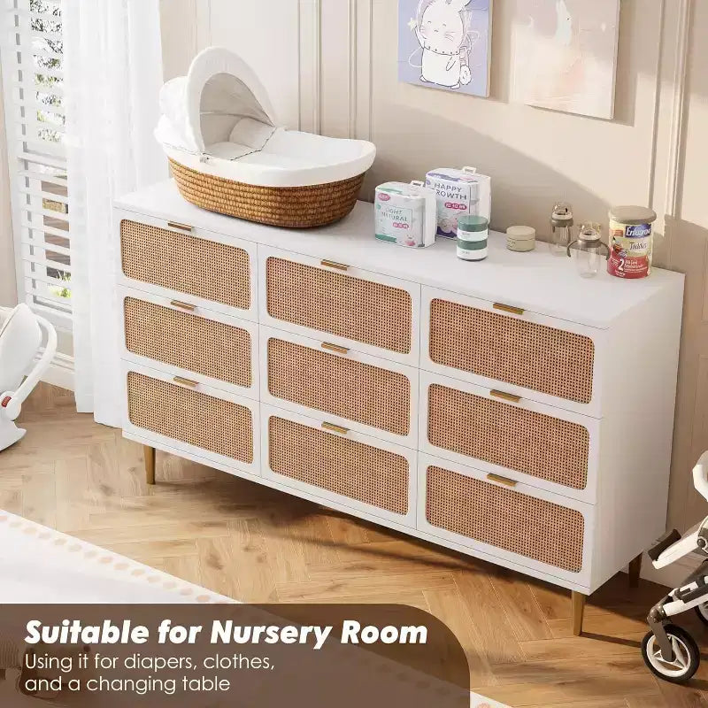 Commode haute en rotin à 9 tiroirs – Meuble de rangement moderne en bois avec tiroirs profonds