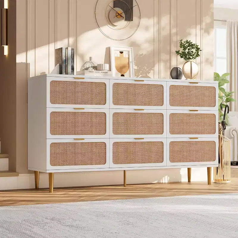 Commode haute en rotin à 9 tiroirs – Meuble de rangement moderne en bois avec tiroirs profonds