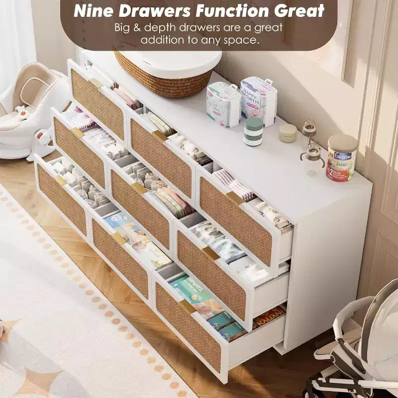 Commode haute en rotin à 9 tiroirs – Meuble de rangement moderne en bois avec tiroirs profonds