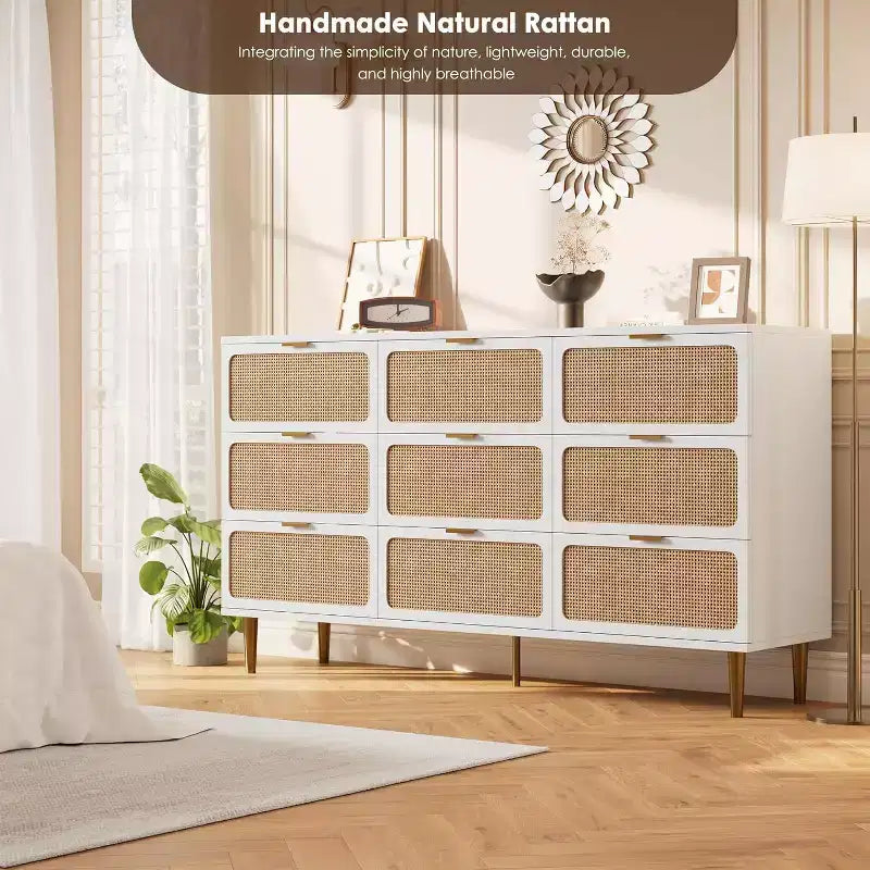 Commode haute en rotin à 9 tiroirs – Meuble de rangement moderne en bois avec tiroirs profonds